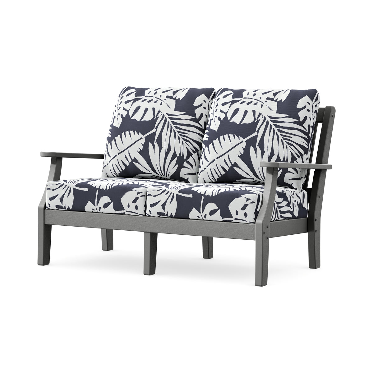 POLYWOOD Chinoiserie Deep Seating Loveseat in Slate Grey / Leaf Navy