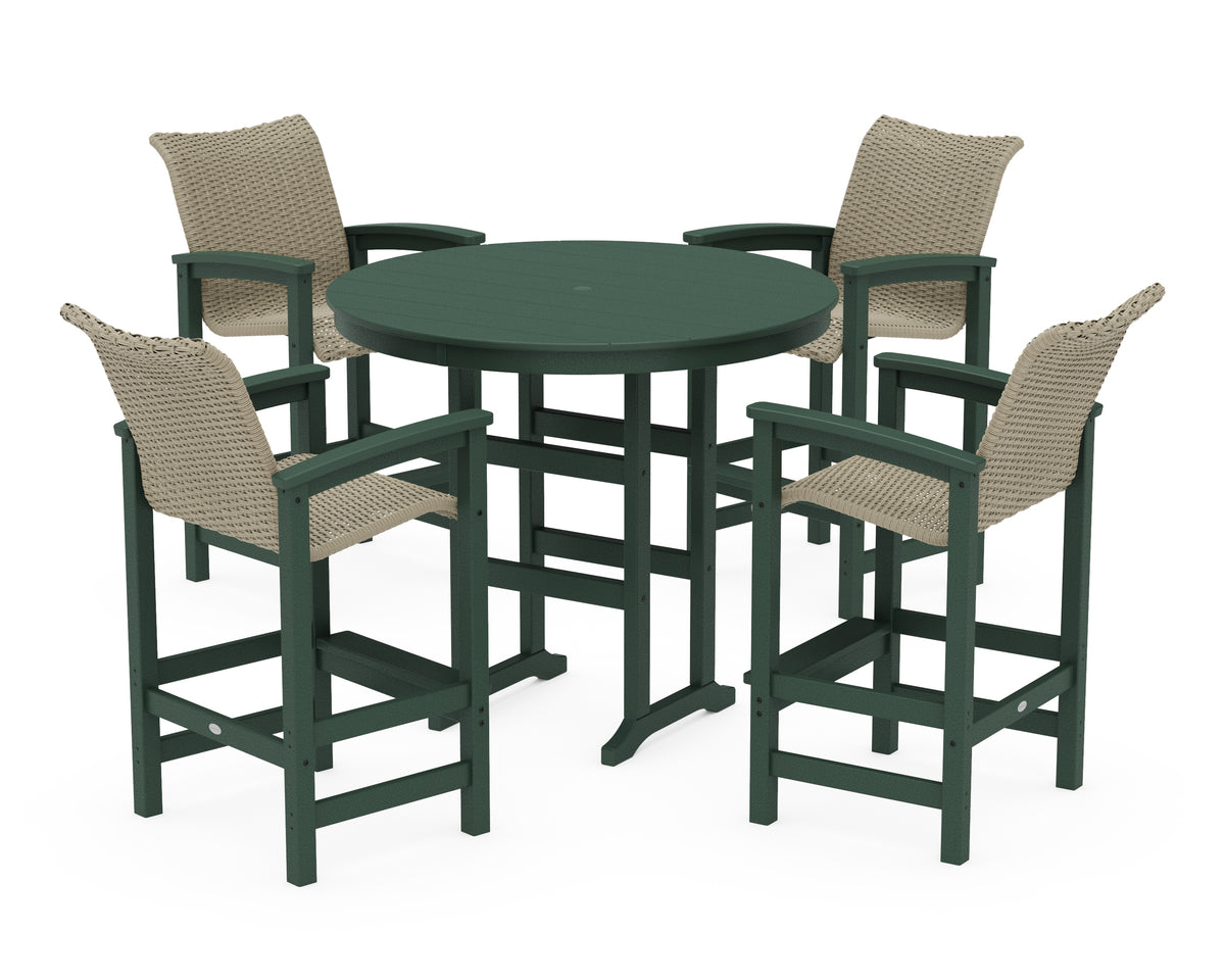 POLYWOOD Coastal Woven 5-Piece Round Farmhouse Bar Set in Green / Dune Grass