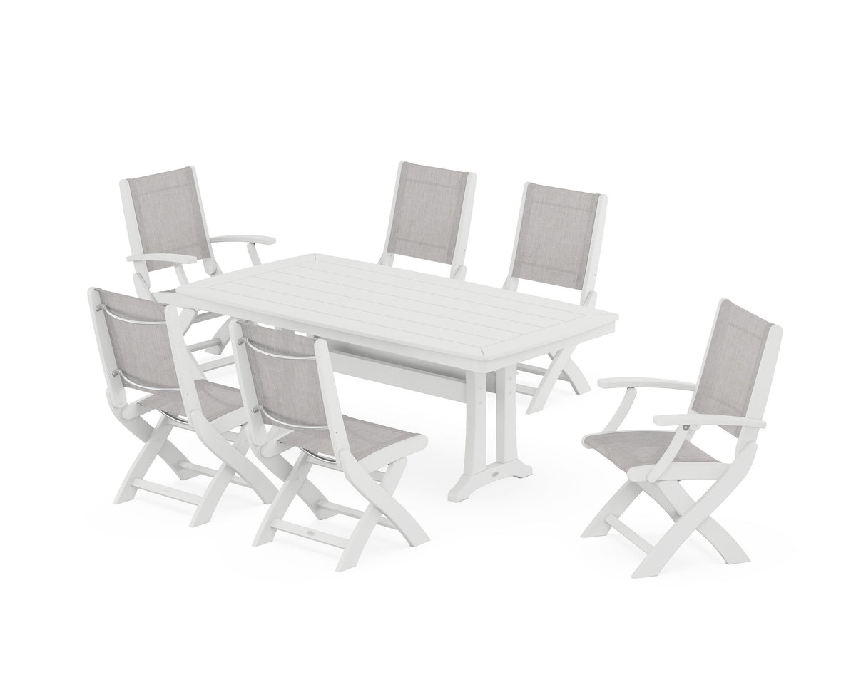 POLYWOOD Coastal Folding Chair 7-Piece Dining Set with Trestle Legs with Nautical Trestle 38" x 73" Dining Table in White / Parchment
