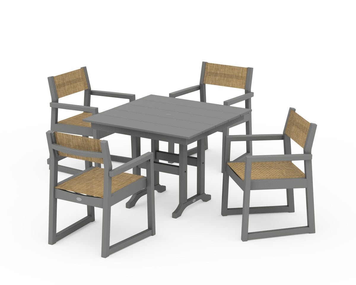 POLYWOOD EDGE Sling Arm Chair 5-Piece Farmhouse Dining Set in Slate Grey / Burlap