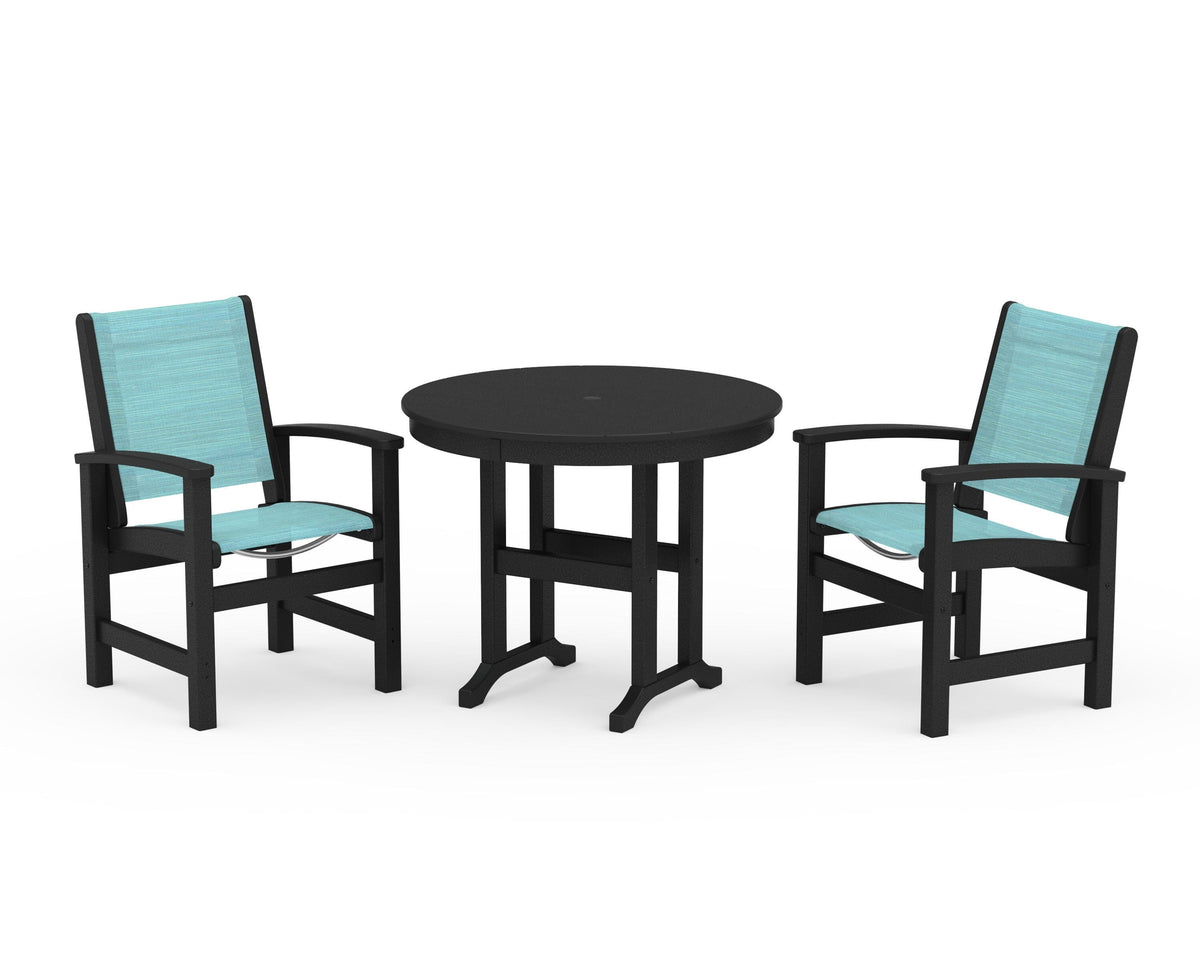 POLYWOOD Coastal 3-Piece Round Dining Set in Black / Dupioni Aquamarine