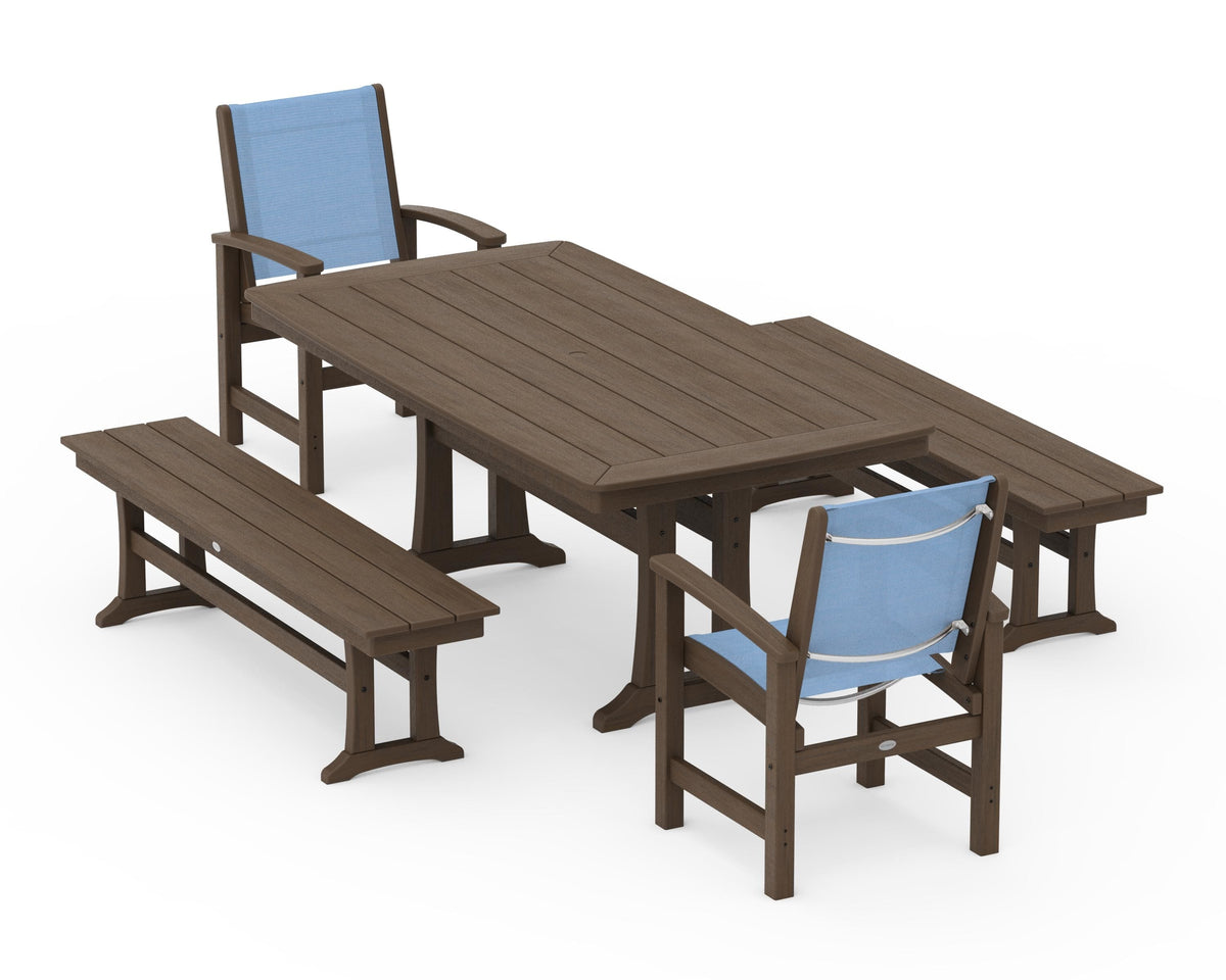 POLYWOOD Coastal 5-Piece Dining Set with Trestle Legs and Benches in Kona / Poolside