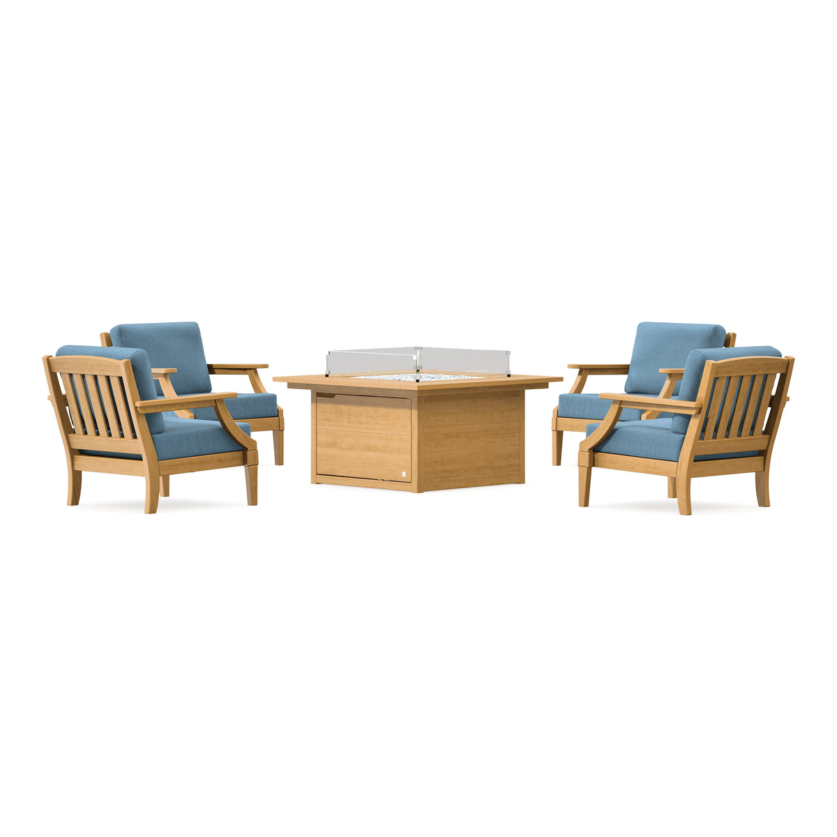 POLYWOOD PW Designer Series Estate 5-Piece Lounge Fire Table Set in Natural / Sky Blue