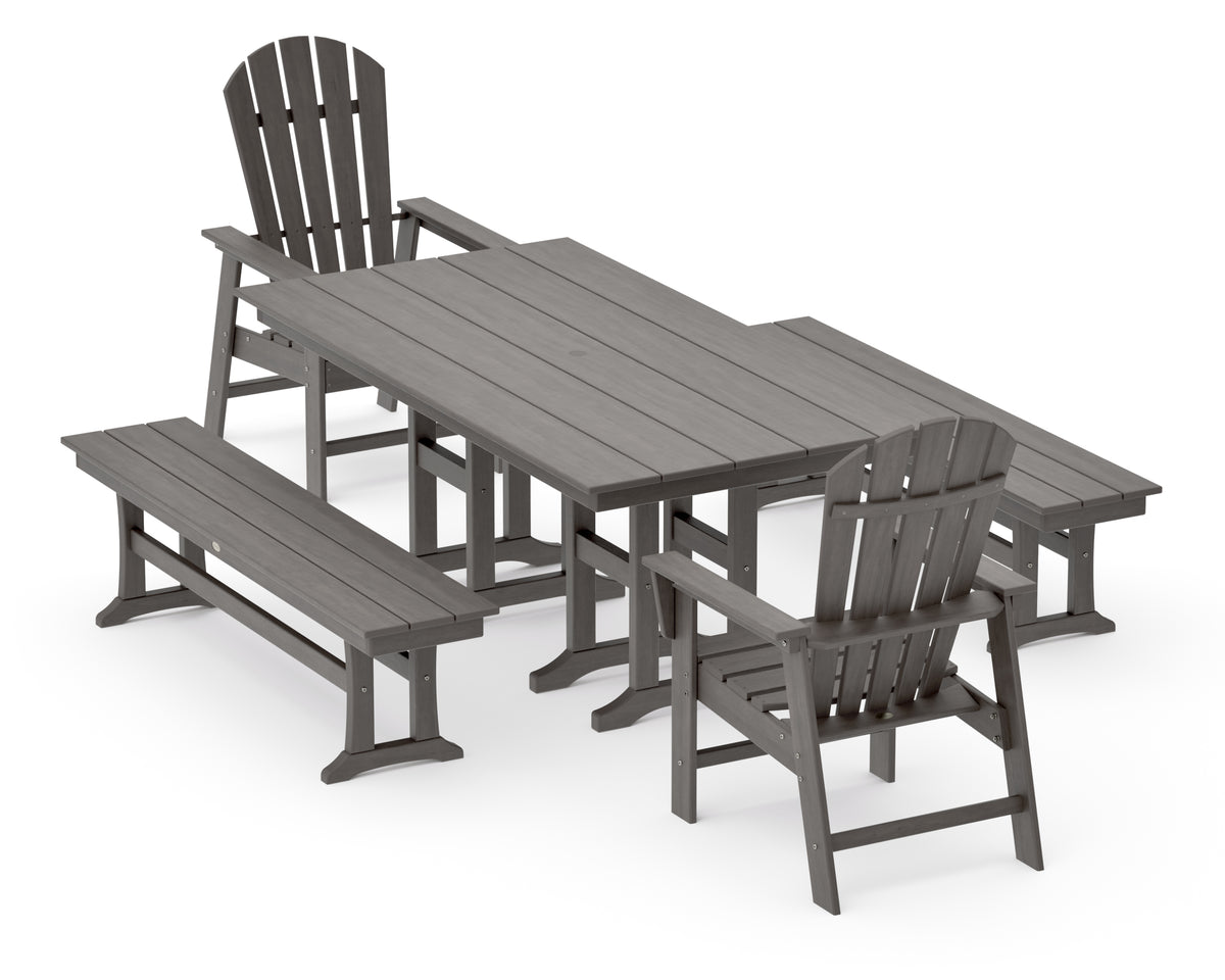 POLYWOOD South Beach 5-Piece Farmhouse Dining Set with Benches in Driftwood