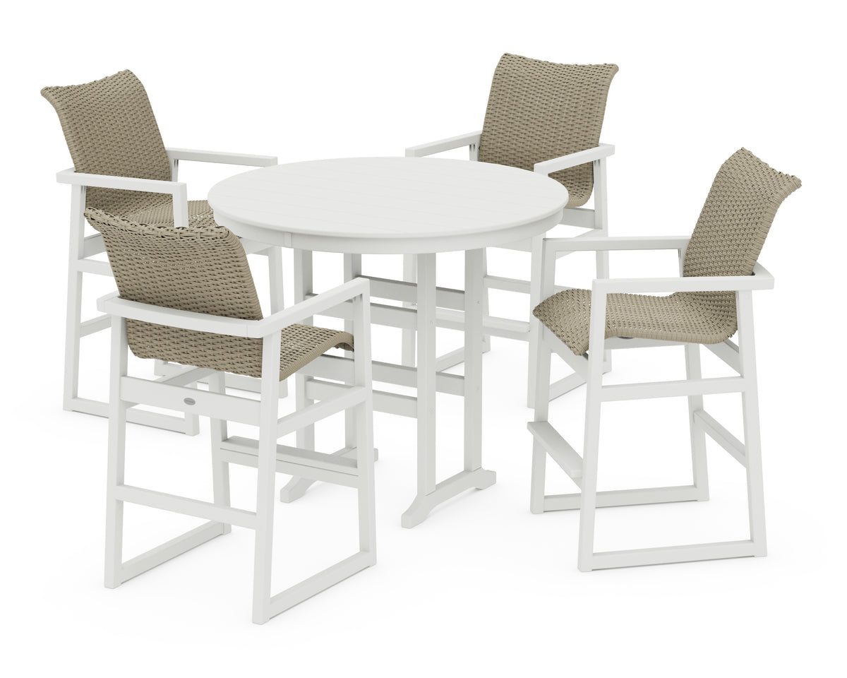 POLYWOOD EDGE Woven 5-Piece Round Farmhouse Bar Set in Vintage White / Dune Grass