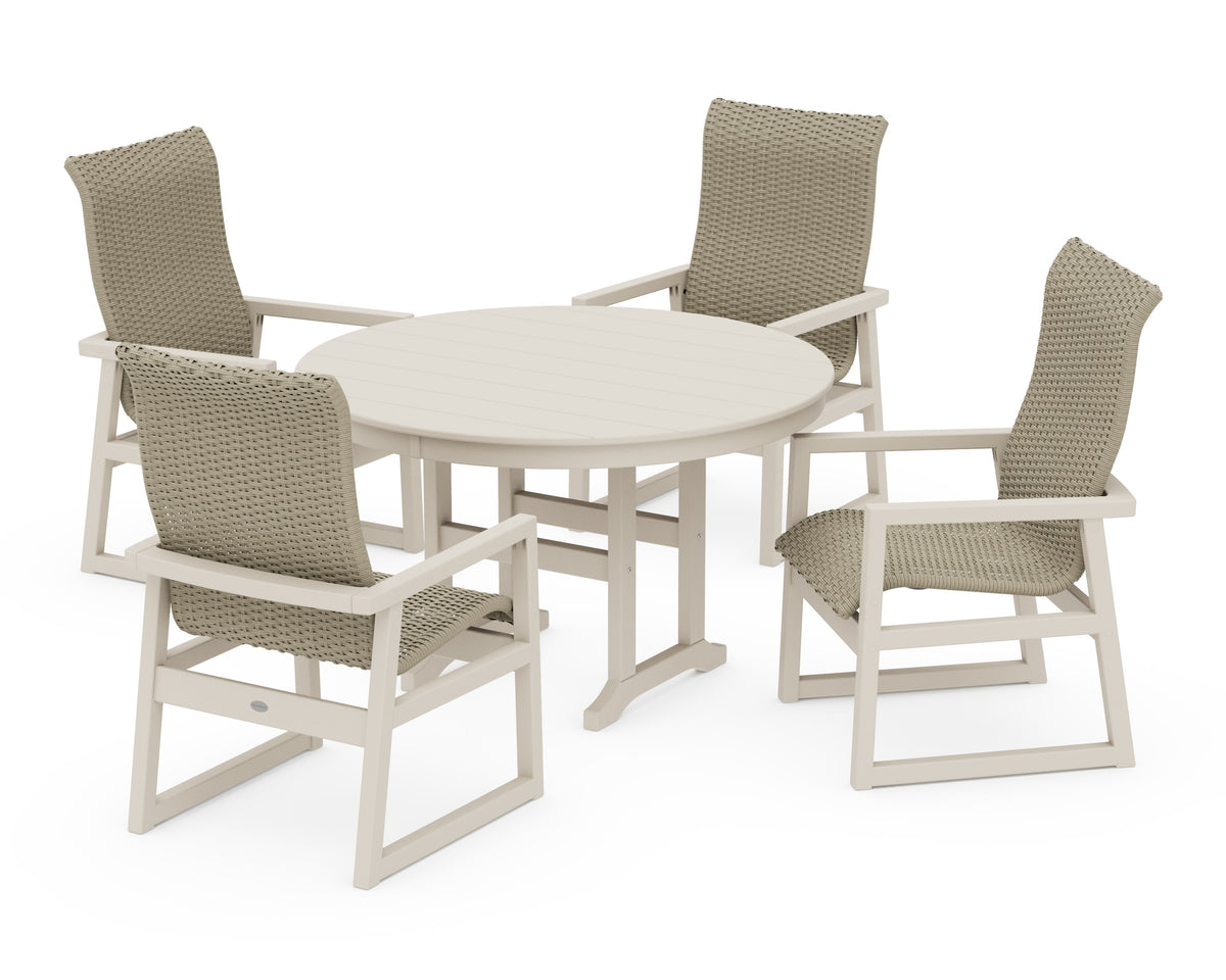 POLYWOOD EDGE Woven High-Back 5-Piece Round Farmhouse Dining Set in Sand / Dune Grass
