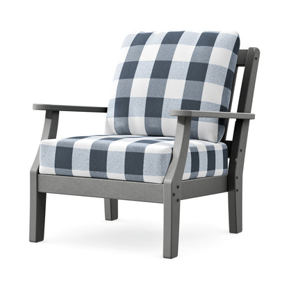 POLYWOOD Chinoiserie Deep Seating Chair in Slate Grey / Buffalo Plaid Marine Indigo