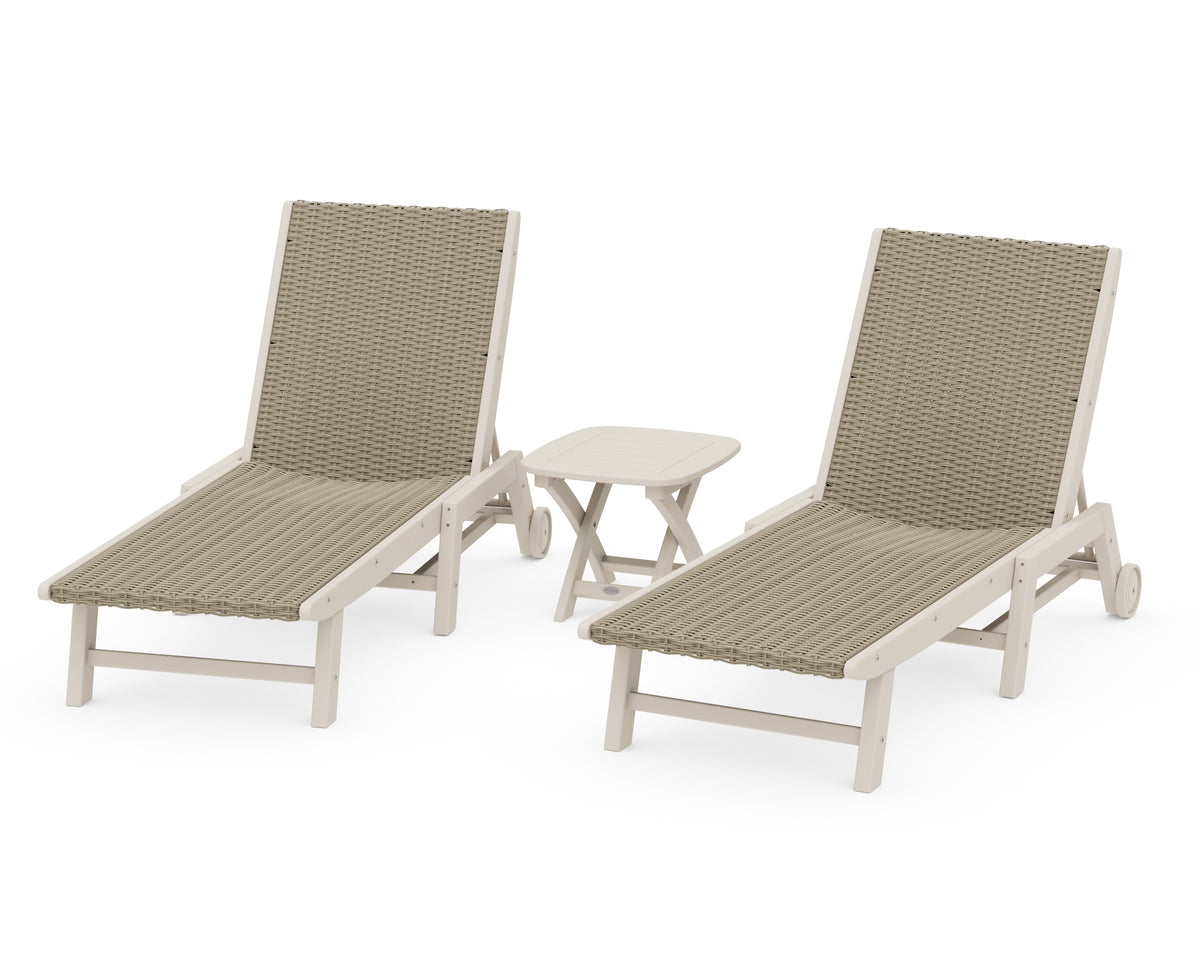 POLYWOOD 3-Piece Coastal Woven Chaise with Wheels Lounge Set in Sand / Dune Grass