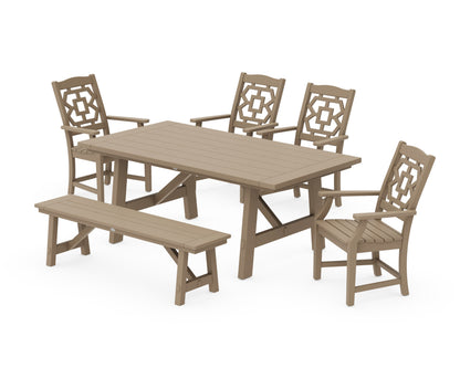 POLYWOOD Chinoiserie 6-Piece Rustic Farmhouse Dining Set with Bench in Vintage Sahara