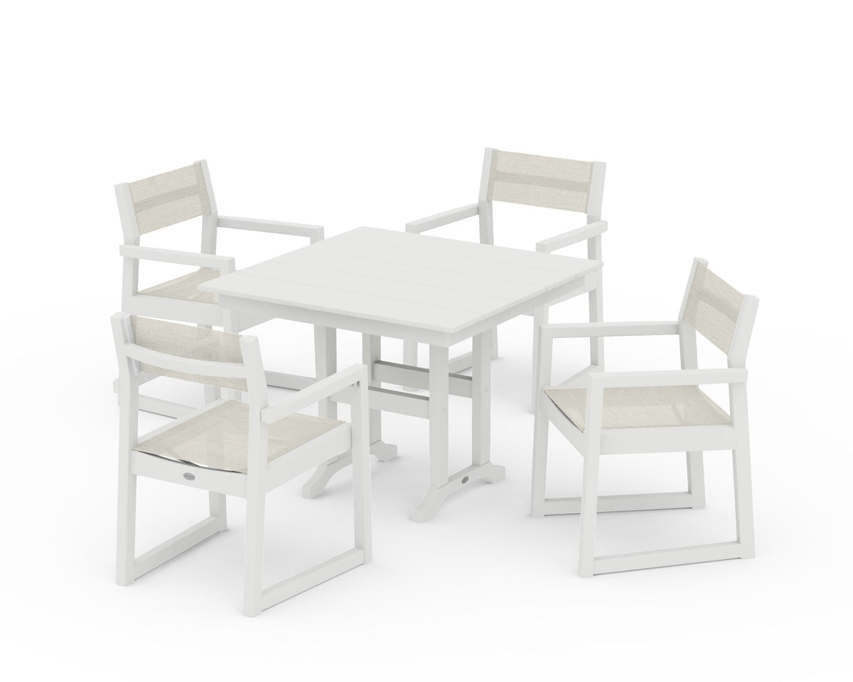 POLYWOOD EDGE Sling Arm Chair 5-Piece Farmhouse Dining Set in Vintage White / Parchment
