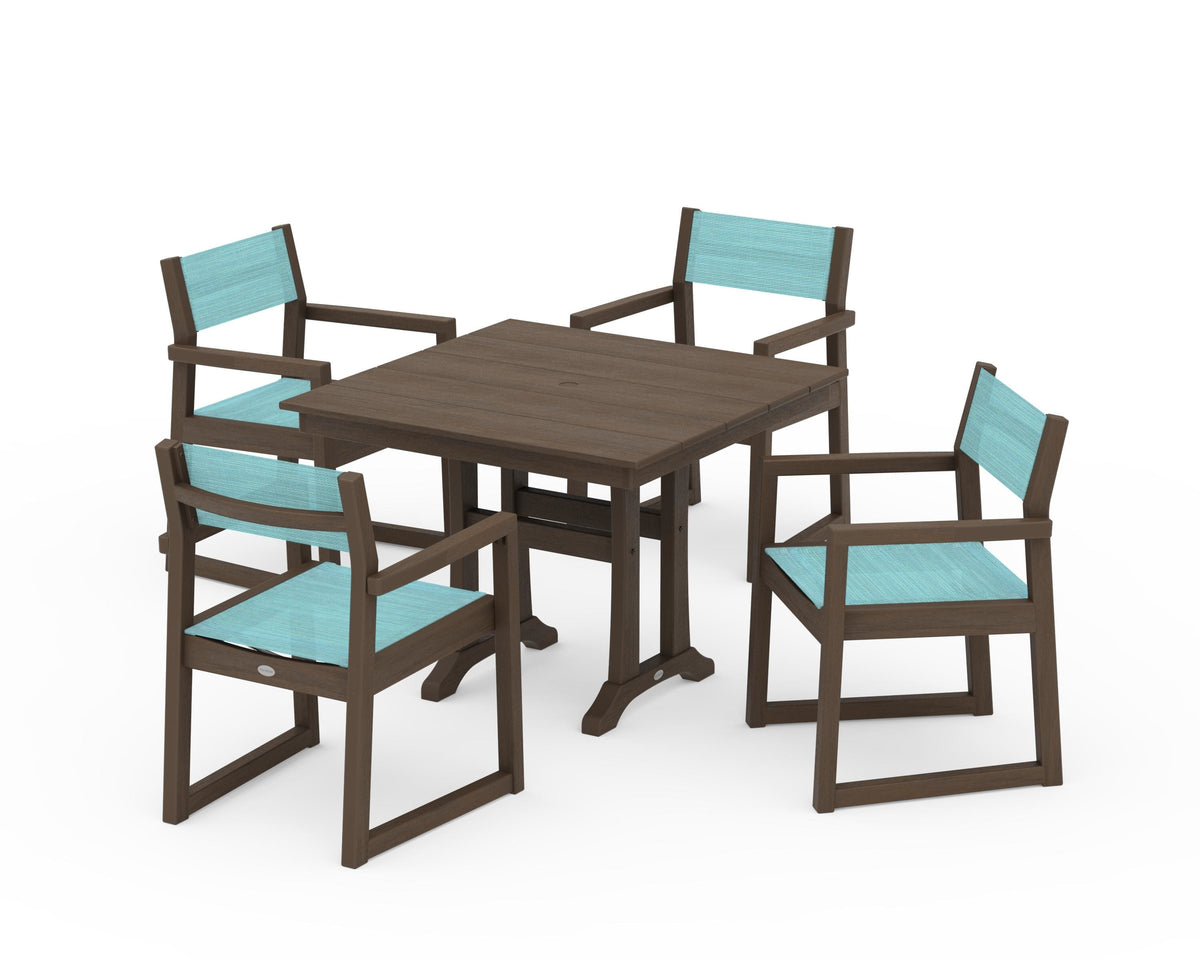POLYWOOD EDGE Sling 5-Piece Farmhouse Dining Set with Trestle Legs in Kona / Dupioni Aquamarine