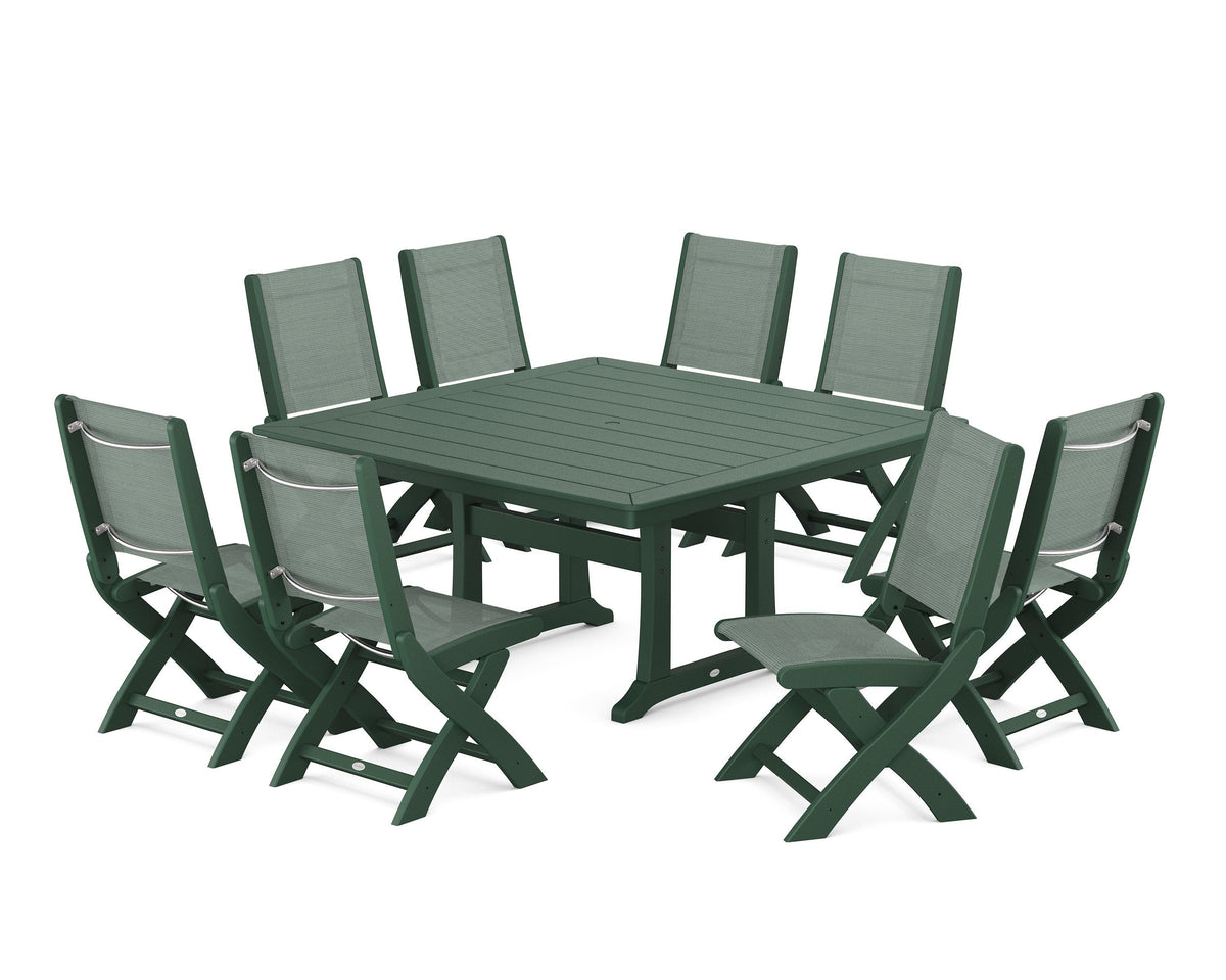 POLYWOOD Coastal Folding Side Chair 9-Piece Dining Set with Trestle Legs in Green / Dupioni Sea Mist