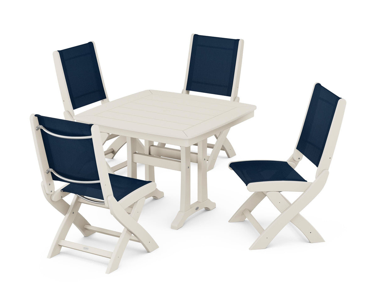 POLYWOOD Coastal Folding Side Chair 5-Piece Dining Set with Trestle Legs in Sand / Navy Blue