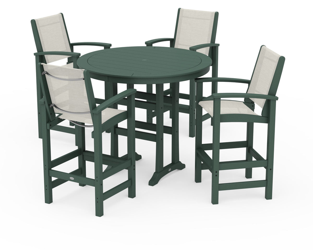 POLYWOOD Coastal 5-Piece Nautical Trestle Bar Set in Green / Parchment