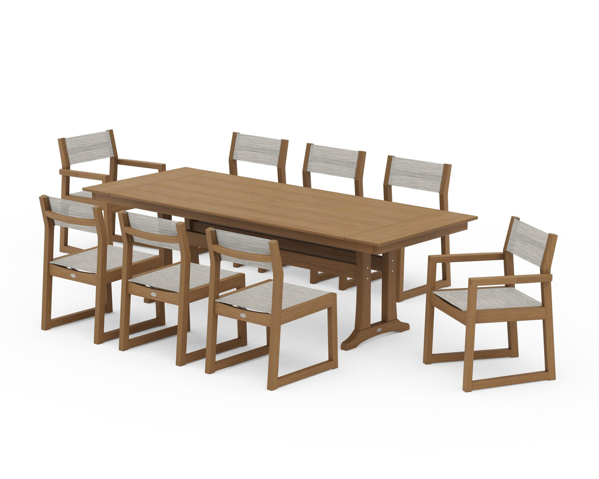 POLYWOOD EDGE Sling 9-Piece Farmhouse Trestle Dining Set in Natural / Birch