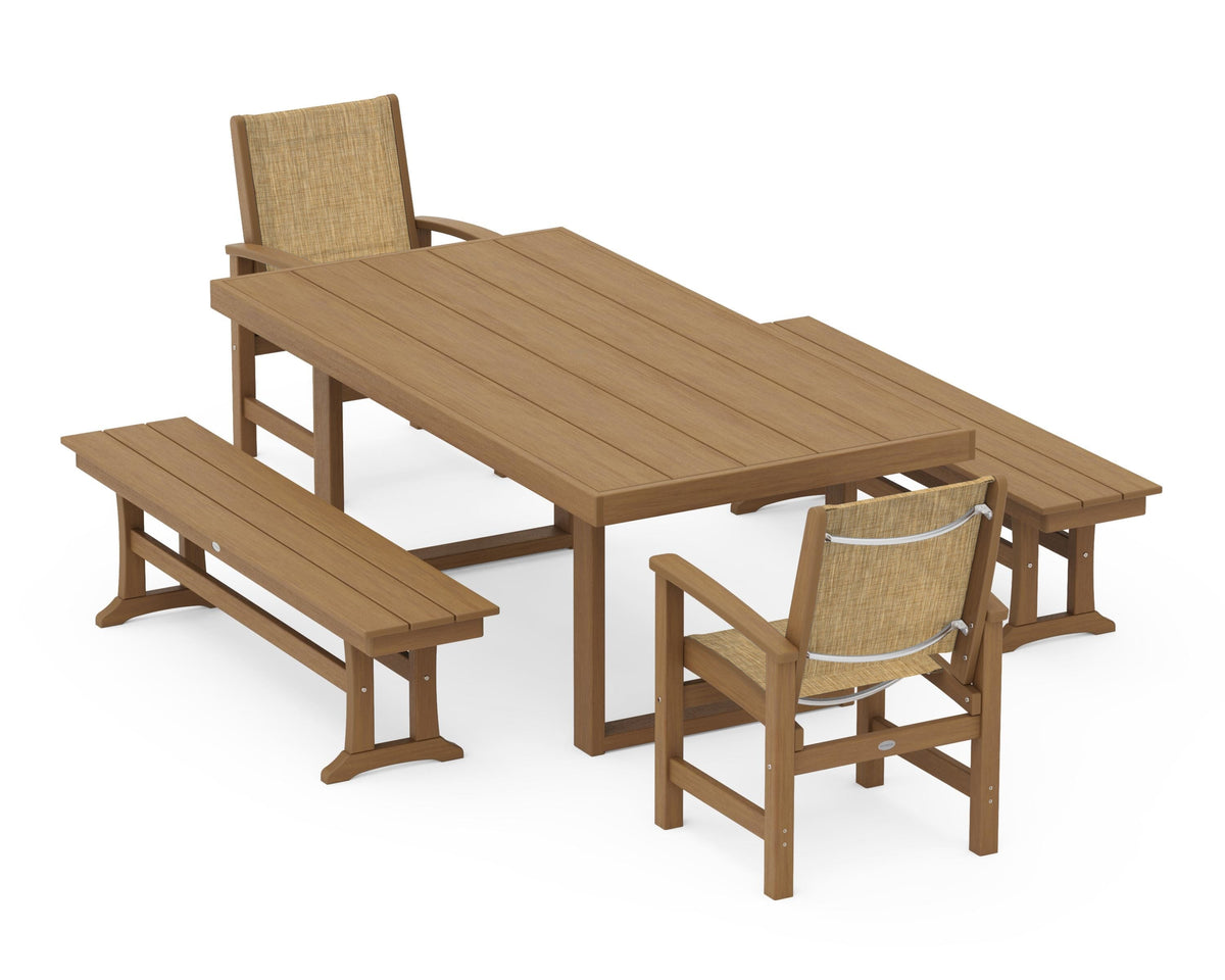 POLYWOOD Coastal 5-Piece Dining Set with Trestle Legs with EDGE 40" x 78" Dining Table in Natural / Burlap
