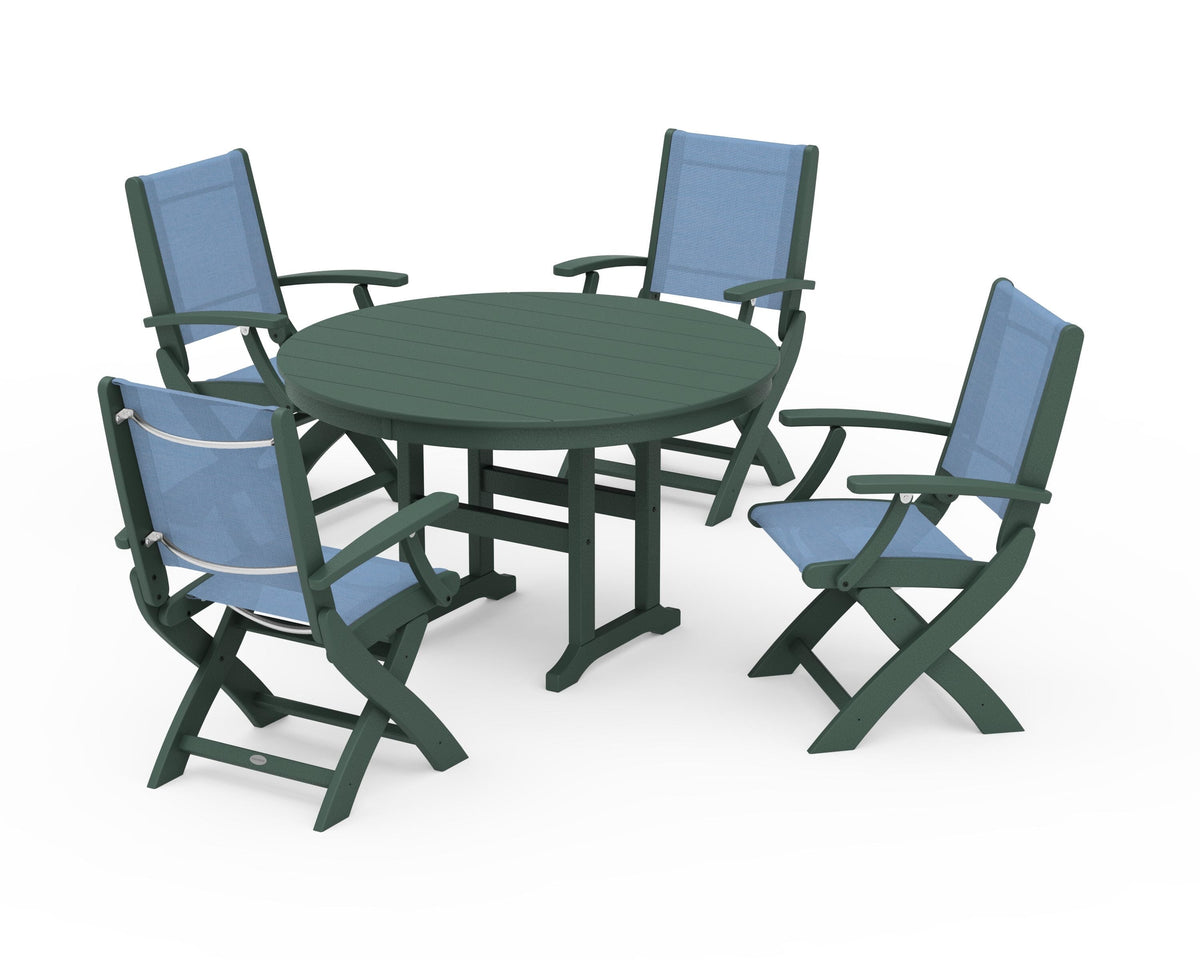 POLYWOOD Coastal Folding Chair 5-Piece Round Dining Set in Green / Poolside