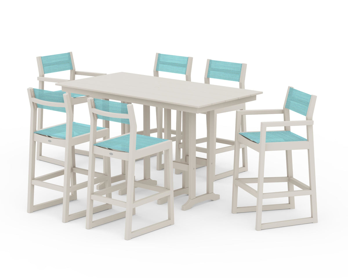 POLYWOOD EDGE Sling 7-Piece Farmhouse Bar Set in Sand / Dupioni Aquamarine