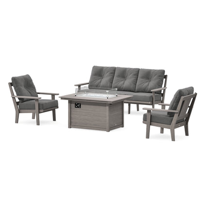 POLYWOOD Prairie Deep Seating Fire Pit Table Set in Driftwood