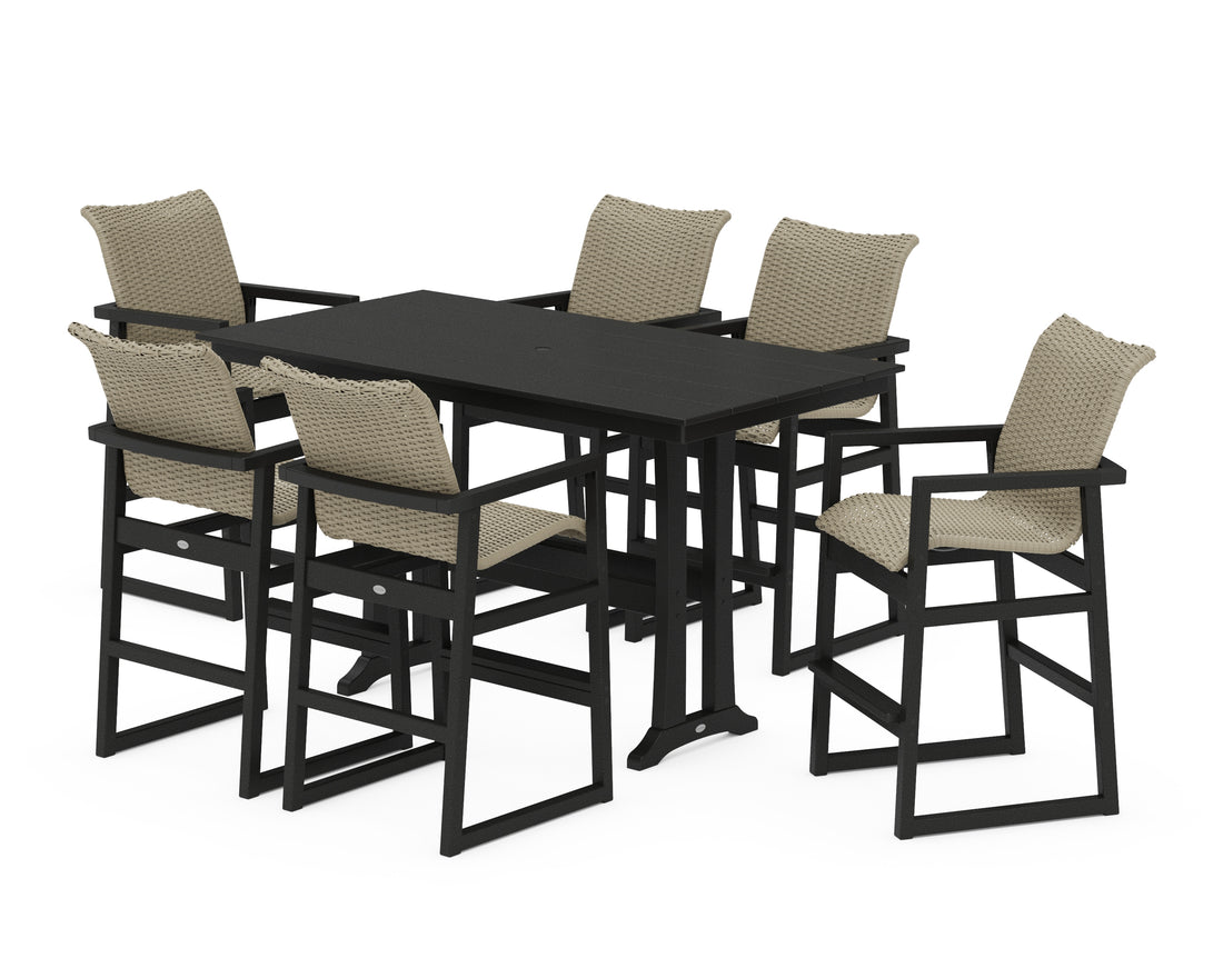POLYWOOD EDGE Woven Arm Chair 7-Piece Farmhouse Bar Set with Trestle Legs in Black / Dune Grass