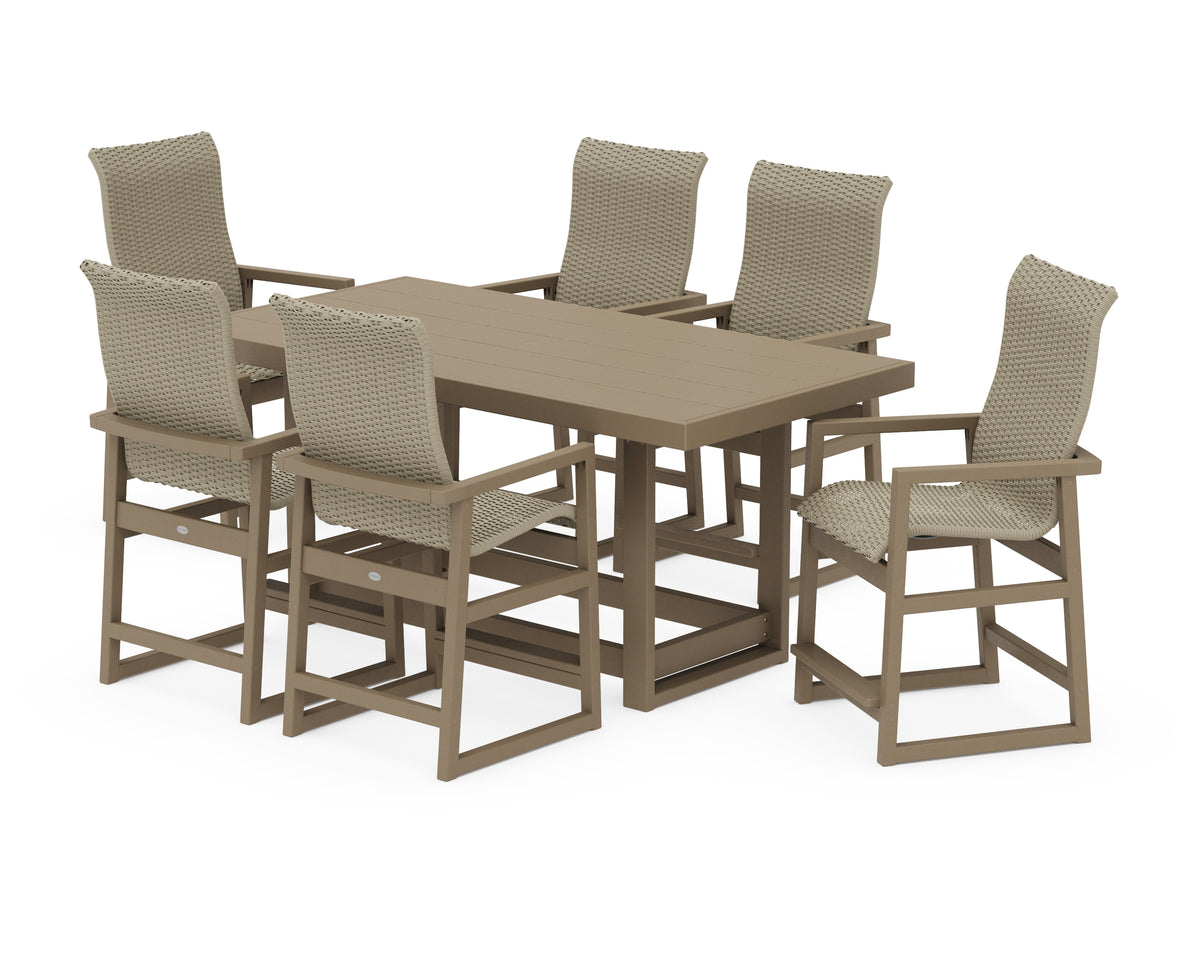 POLYWOOD EDGE Woven Highback Arm Chair 7-Piece Counter Set in Vintage Sahara / Dune Grass