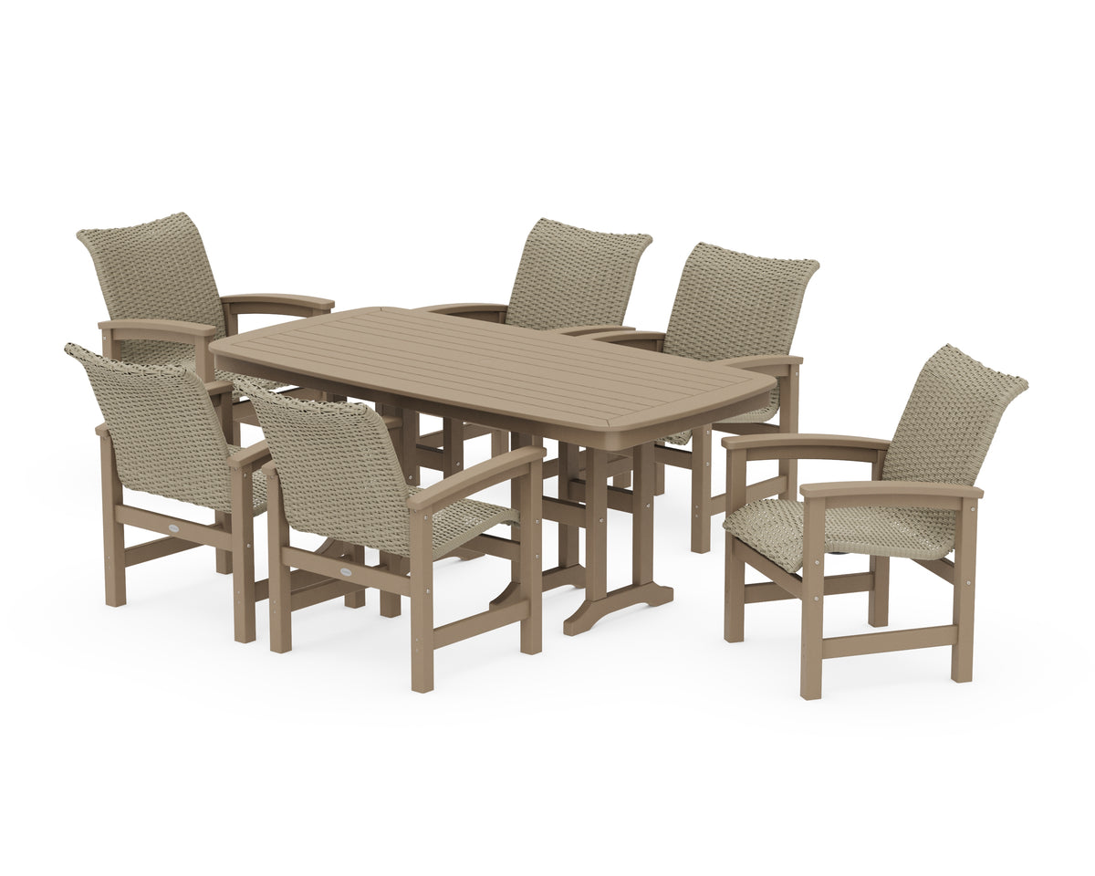 POLYWOOD Coastal Woven Arm Chair 7-Piece Dining Set in Vintage Sahara / Dune Grass