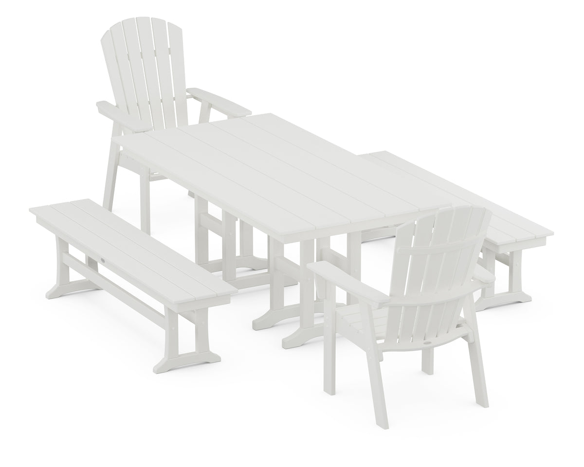 POLYWOOD Nautical Curveback Adirondack 5-Piece Farmhouse Dining Set with Benches in Vintage White