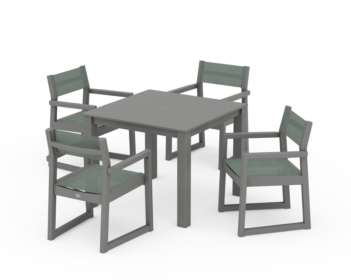 POLYWOOD EDGE Sling Arm Chair 5-Piece Parsons Dining Set in Slate Grey / Dupioni Sea Mist