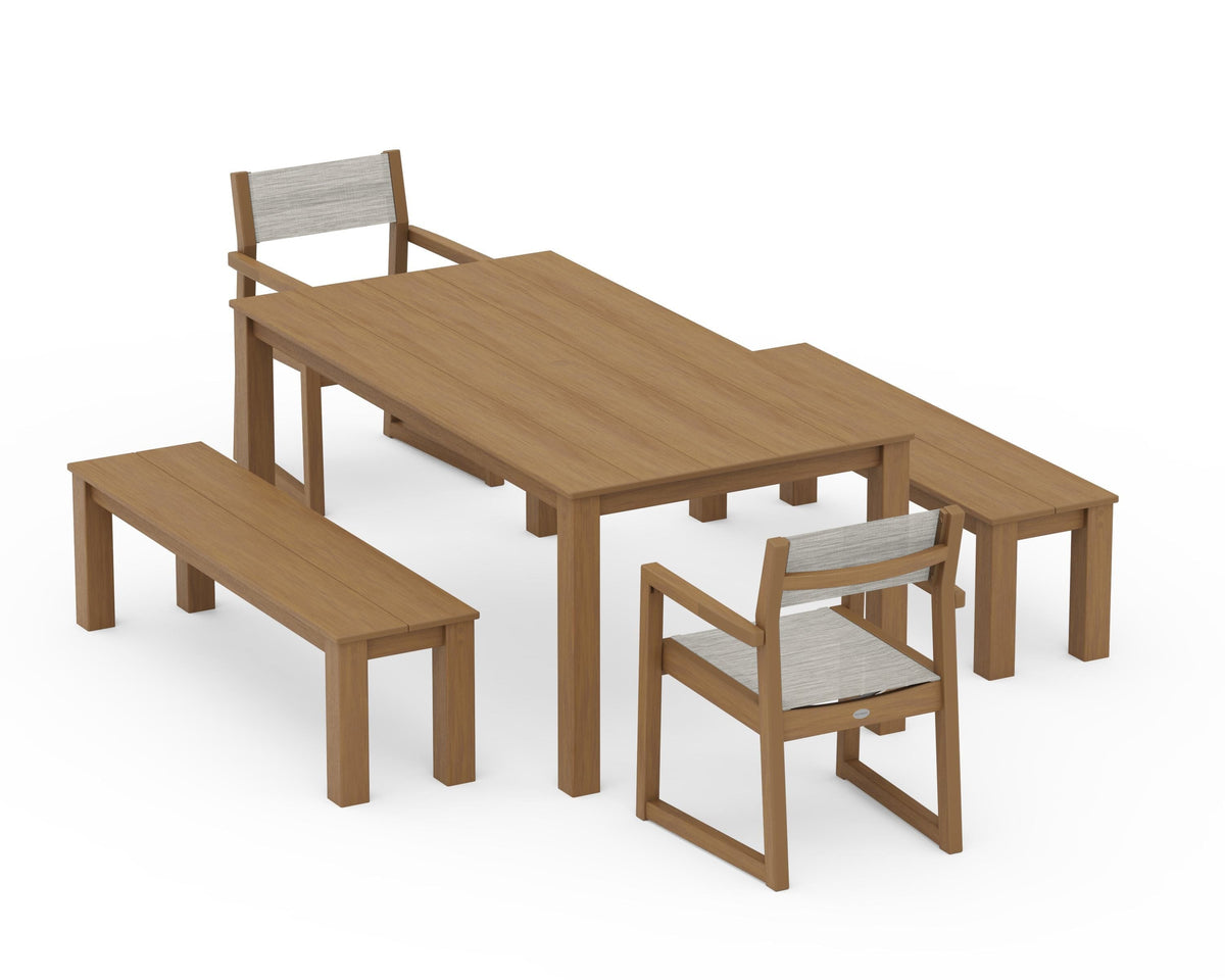 POLYWOOD EDGE Sling Arm Chair 5-Piece Parsons Dining Set with Benches in Natural / Birch