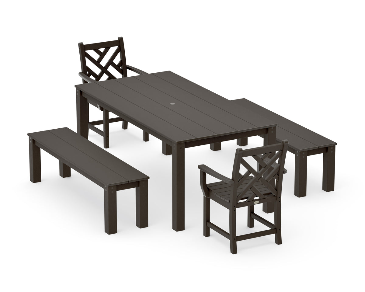 POLYWOOD Chippendale 5-Piece Parsons Dining Set with Benches in Vintage Coffee