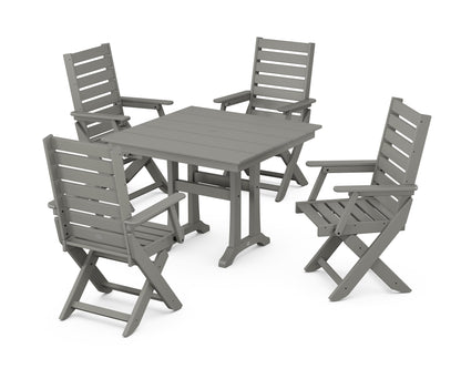 POLYWOOD Captain Folding Chair 5-Piece Farmhouse Dining Set with Trestle Legs - 37" Table in Slate Grey
