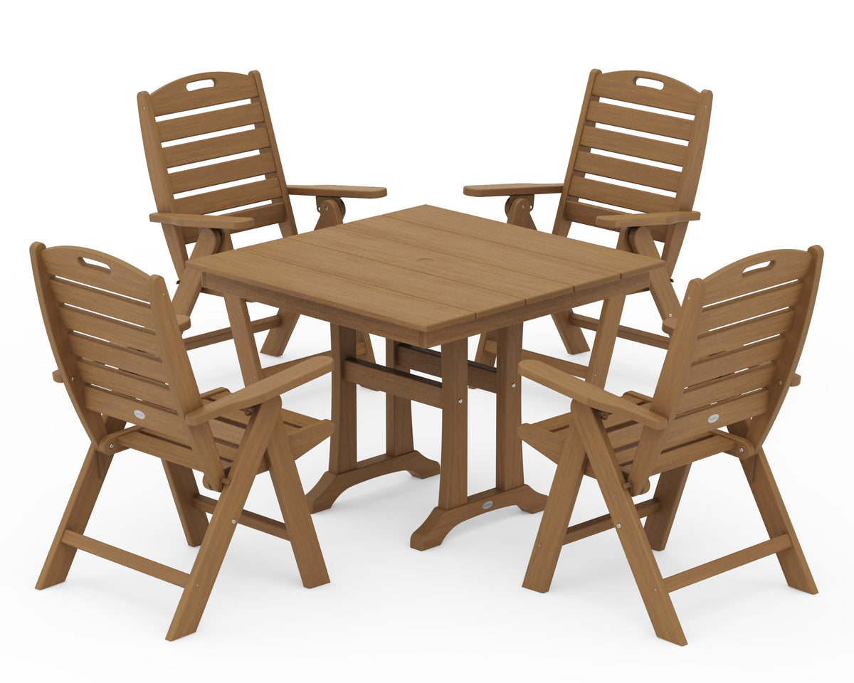 POLYWOOD Nautical Folding Highback Chair 5-Piece Farmhouse Trestle Dining Set in Natural