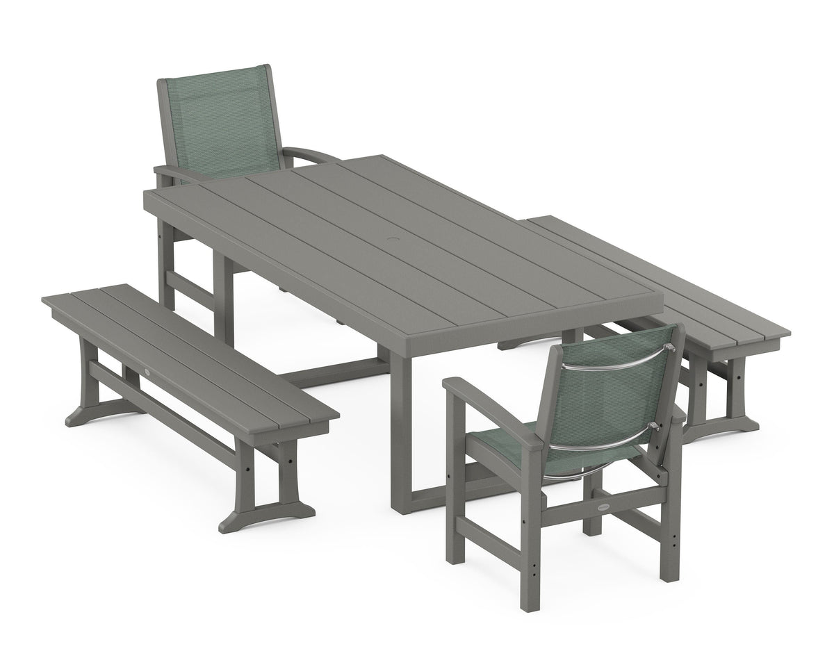 POLYWOOD Coastal 5-Piece Dining Set with Trestle Legs with EDGE 40" x 78" Dining Table in Slate Grey / Dupioni Sea Mist