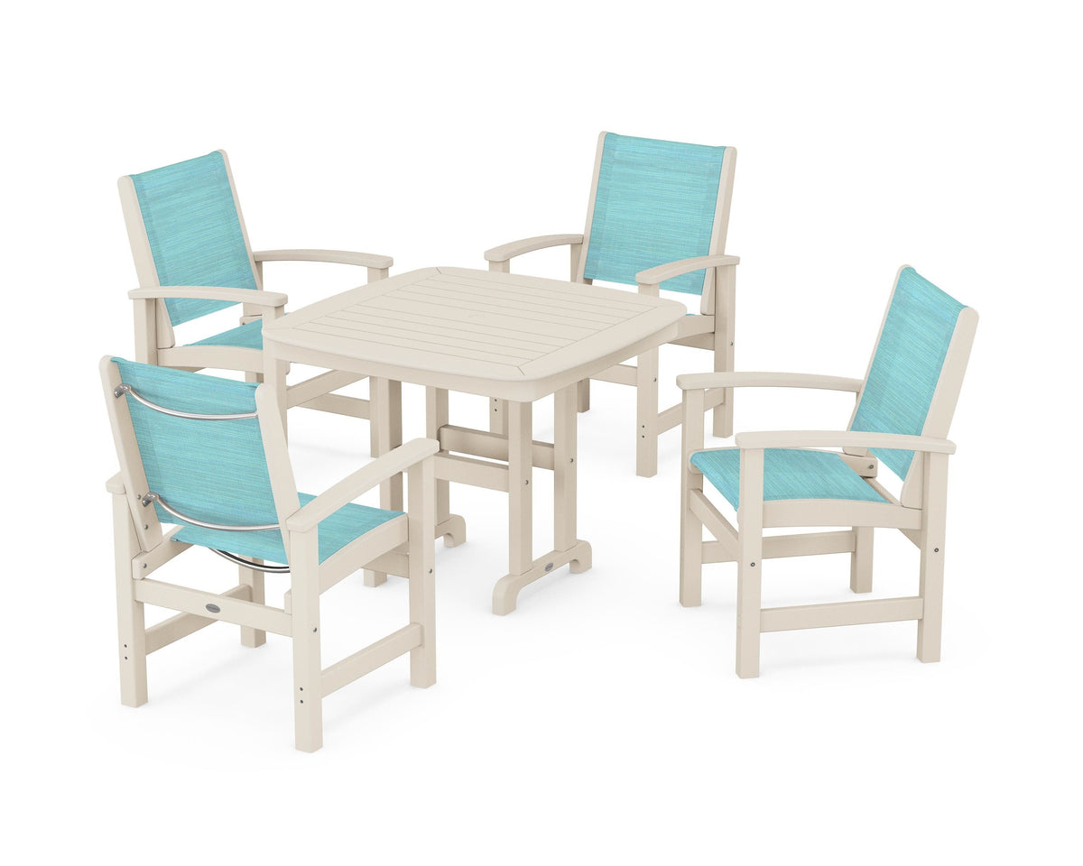 POLYWOOD Coastal 5-Piece Dining Set with Nautical 37" Dining Table in Sand / Dupioni Aquamarine