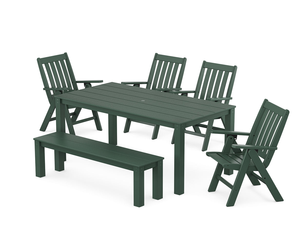 POLYWOOD Vineyard Folding Chair 6-Piece Parsons Dining Set with Bench in Green