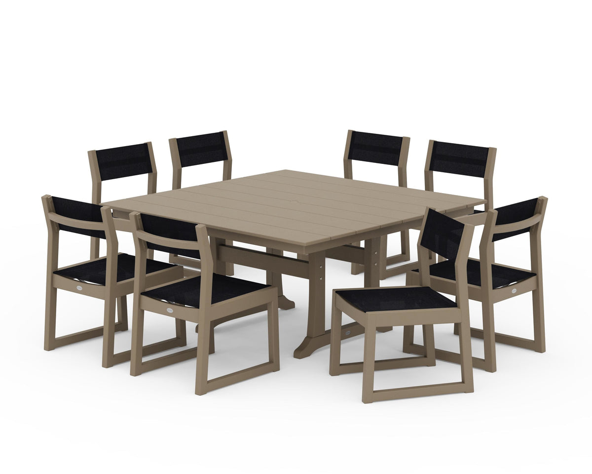 POLYWOOD EDGE Sling Side Chair 9-Piece Farmhouse Trestle Dining Set in Vintage Sahara / Black