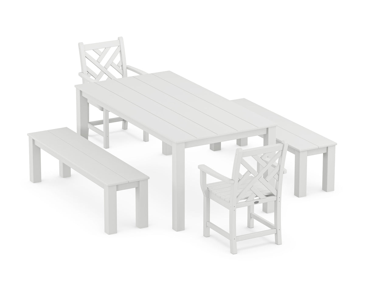 POLYWOOD Chippendale 5-Piece Parsons Dining Set with Benches in White