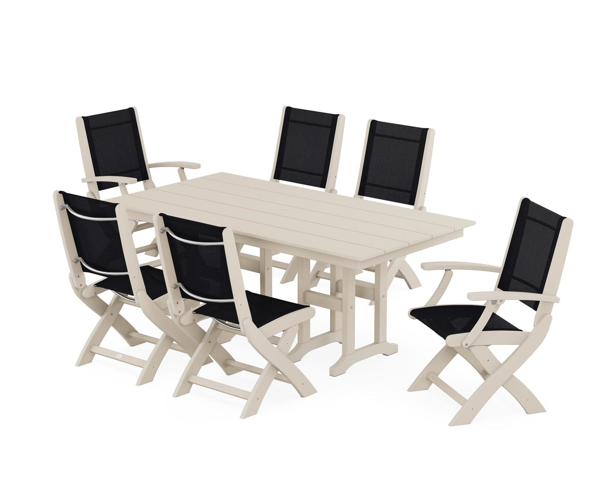 POLYWOOD Coastal Folding Chair 7-Piece Farmhouse Dining Set in Sand / Black