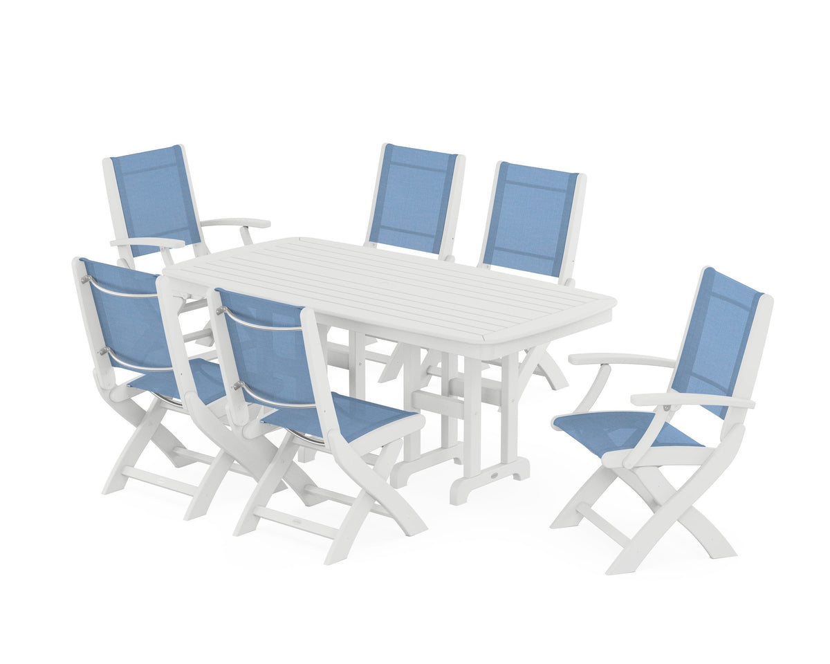 POLYWOOD Coastal Folding Chair 7-Piece Dining Set in White / Poolside