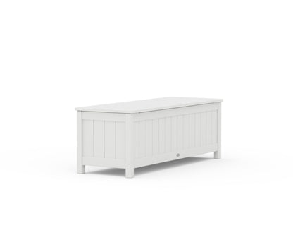 Angled rear view of the POLYWOOD Vineyard 48" Storage Bench in White