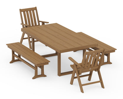 POLYWOOD Vineyard Folding Chair 5-Piece Dining Set with Benches in Natural