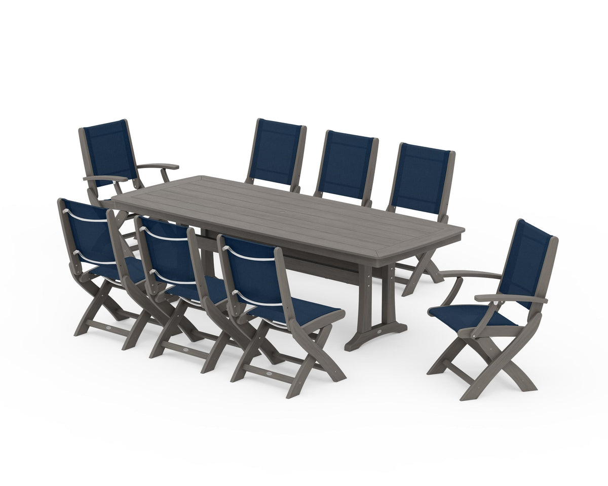 POLYWOOD Coastal Folding 9-Piece Dining Set with Trestle Legs in Driftwood / Navy Blue