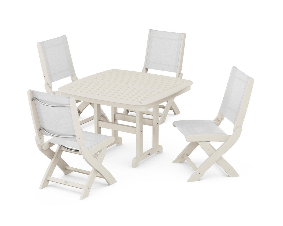 POLYWOOD Coastal Folding Side Chair 5-Piece Dining Set with Nautical 44" Dining Table in Sand / White