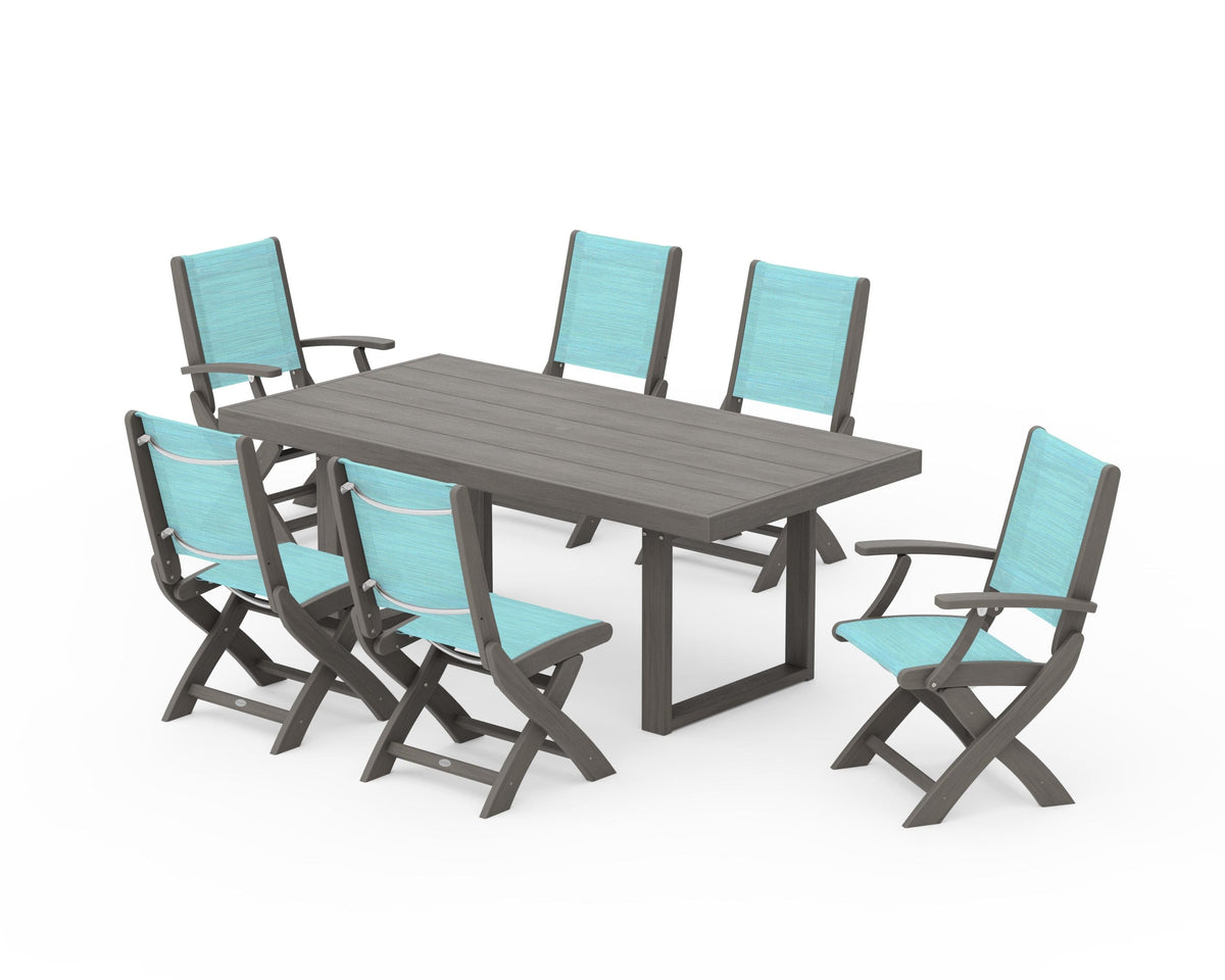 POLYWOOD Coastal Folding Chair 7-Piece Dining Set with Trestle Legs with EDGE 40" x 78" Dining Table in Driftwood / Dupioni Aquamarine