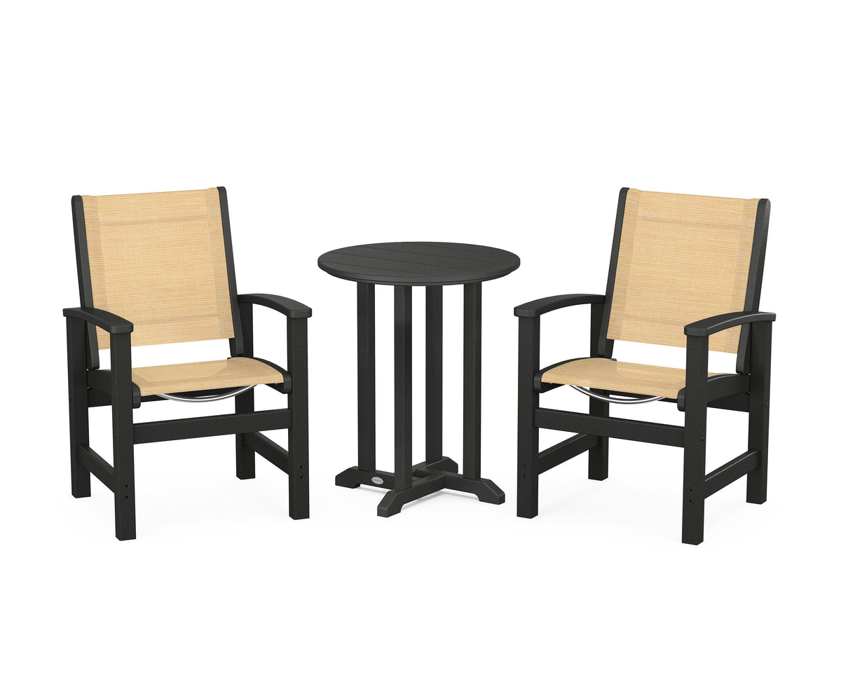 POLYWOOD Coastal 3-Piece Round Bistro Dining Set in Black / Dupioni Apricot