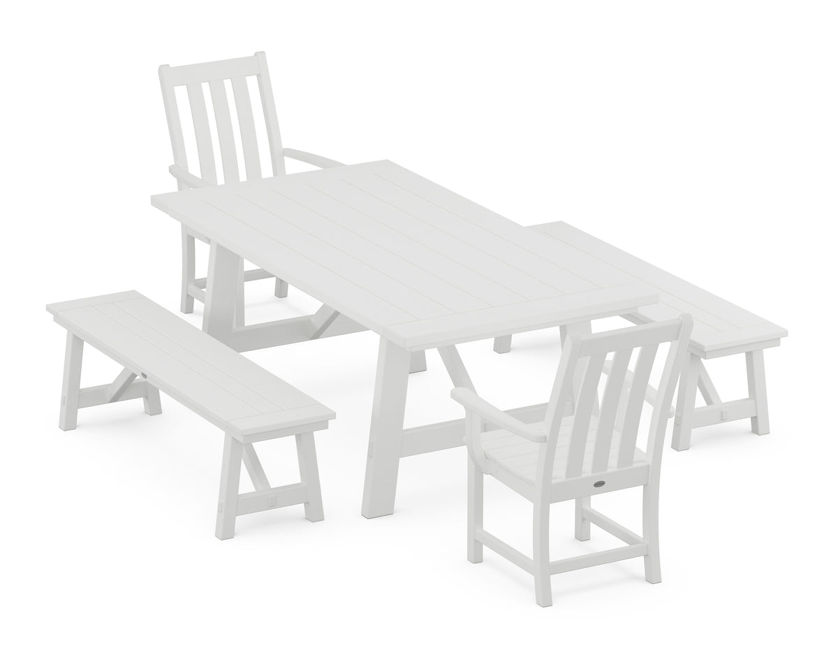 POLYWOOD Vineyard 5-Piece Rustic Farmhouse Dining Set with Benches in White