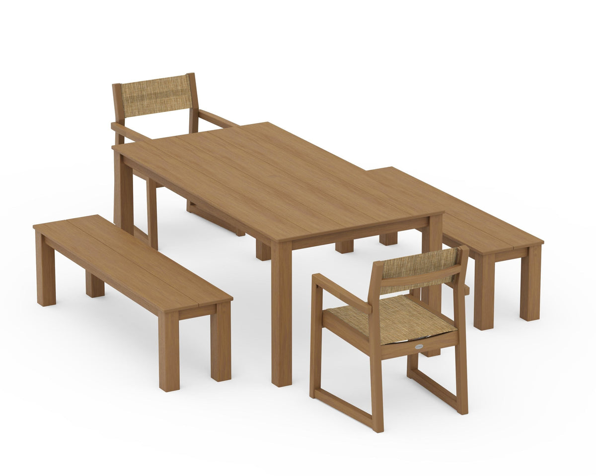 POLYWOOD EDGE Sling Arm Chair 5-Piece Parsons Dining Set with Benches in Natural / Burlap