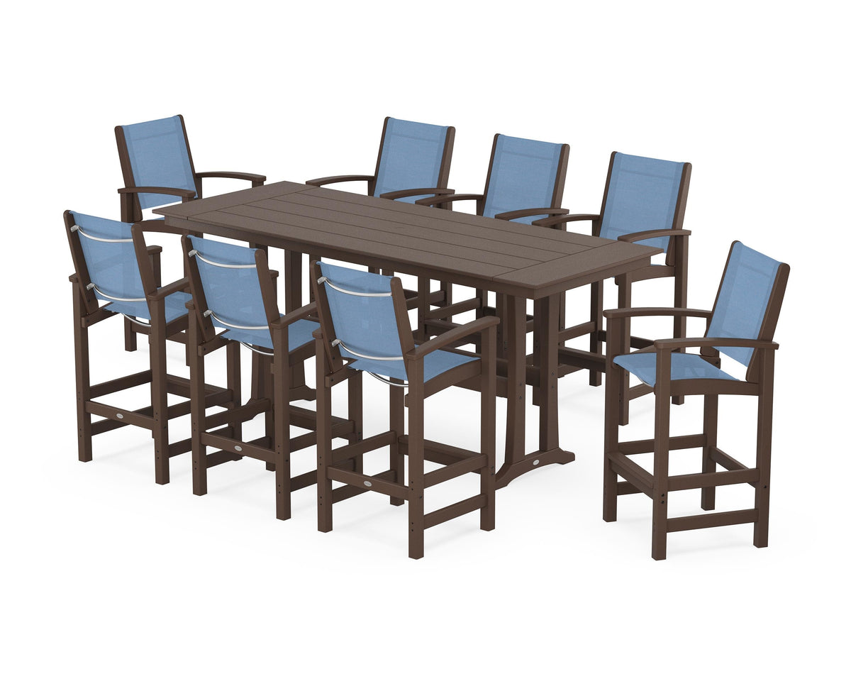 POLYWOOD Coastal 9-Piece Farmhouse Bar Set with Trestle Legs in Mahogany / Poolside