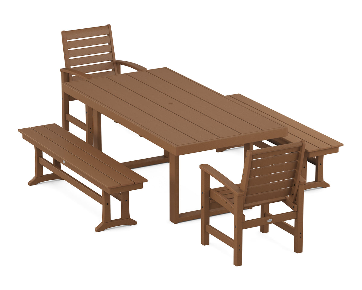 POLYWOOD Signature 5-Piece Dining Set with Benches - 39" x 78" Table in Teak