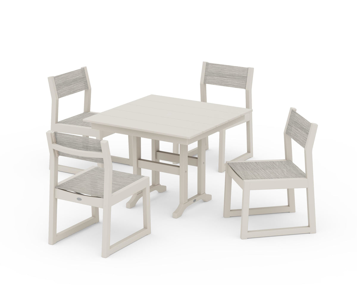 POLYWOOD EDGE Sling Side Chair 5-Piece Farmhouse Dining Set in Sand / Birch